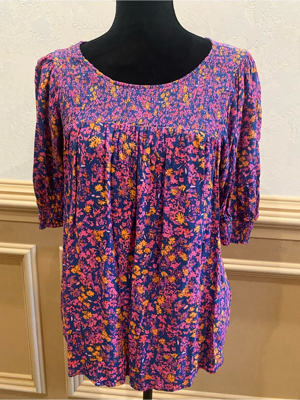 Terra & Sky Purple Floral Smocked Yoke Blouse - Size 14W